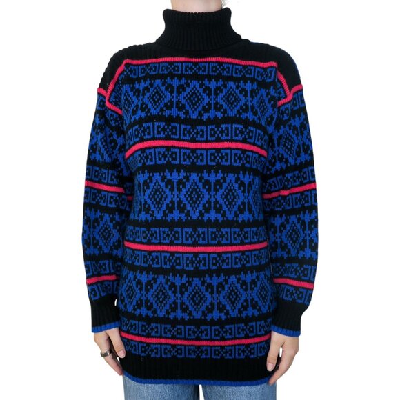 Vintage 80s Geometric Aztec Turtleneck Sweater - Picture 1 of 6